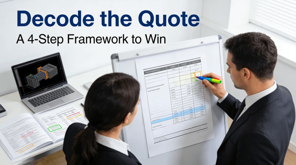 Procurement and engineering leaders collaboratively analyze a detailed CNC turning quote on a whiteboard in a modern office, highlighting cost drivers and strategic factors, illustrating a data-driven approach to supplier selection and budget management.